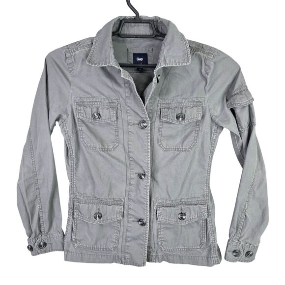 Womens Gap Gray Military Utility Jacket Button Up Long Sleeve 100% Cotton Size S - Picture 1 of 8